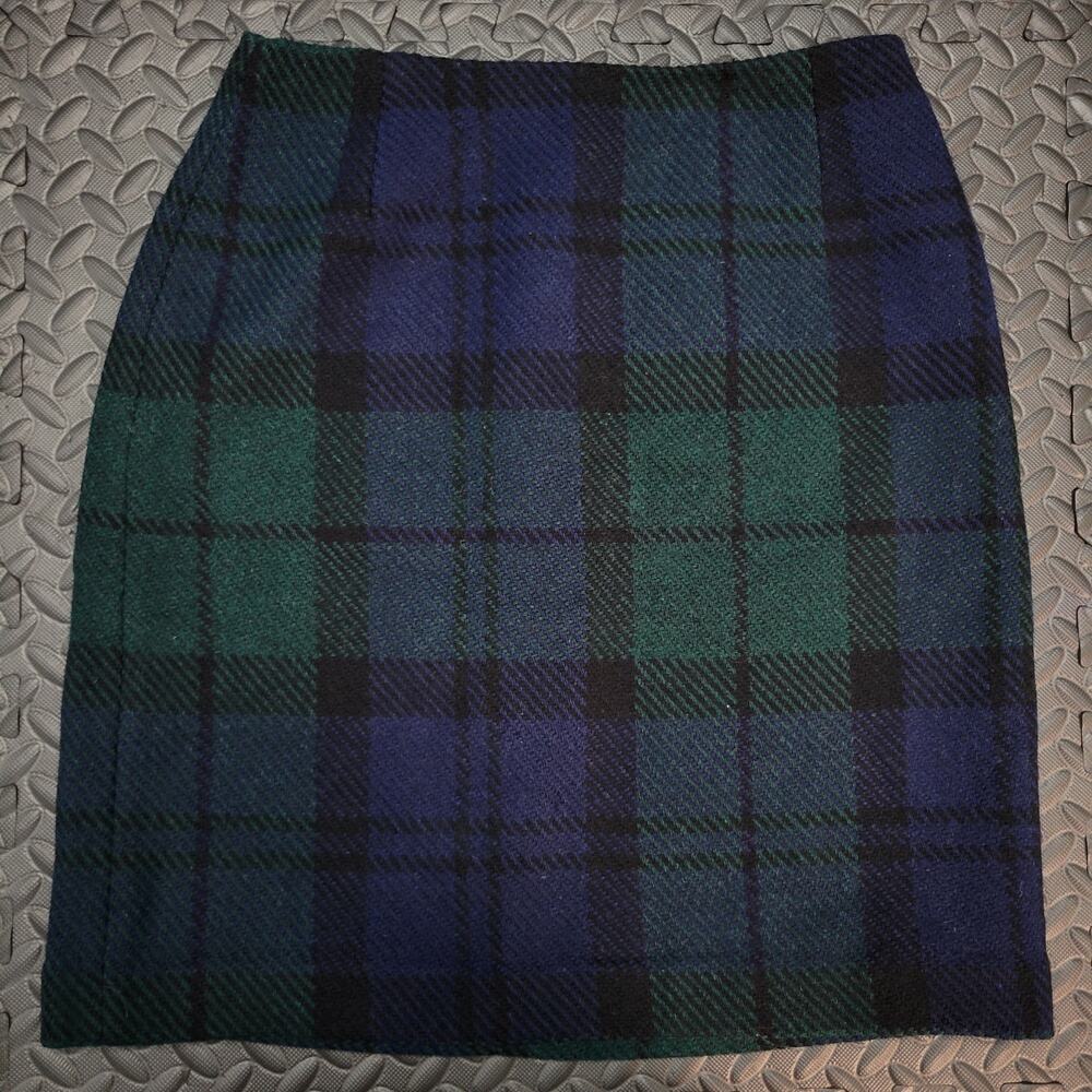 Eddie Bauer Wool Plaid Mini Skirt Size 4 Blue Green Preppy Academia